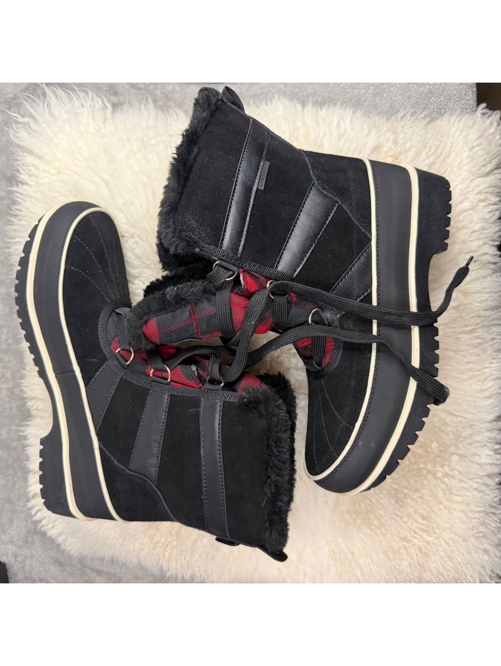 Weatherproof Brienne Women’s Winter Snow Boots Black Plaid Faux Fur 7.5 NWOT - Picture 2 of 6